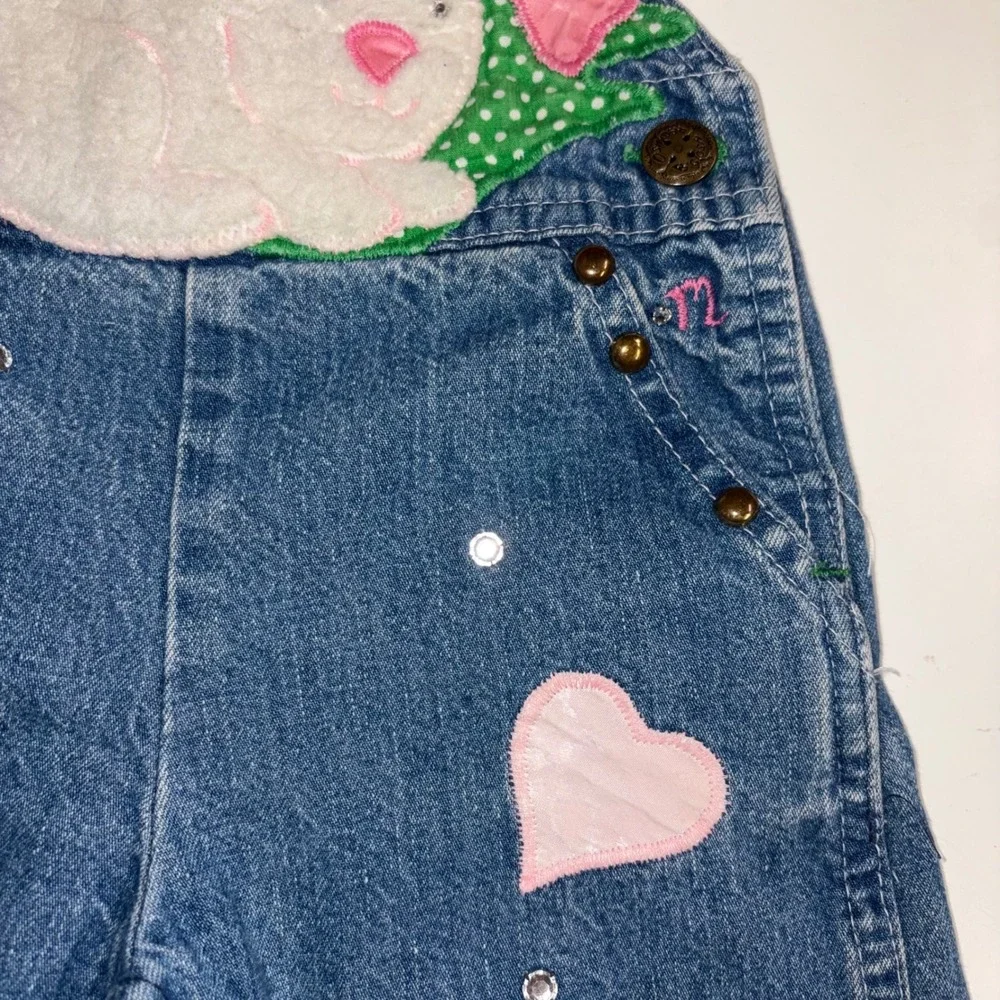 Vintage Osh Kosh Bgosh Custom Denim Bunny Overalls Hearts Rhinestones Blue Pink